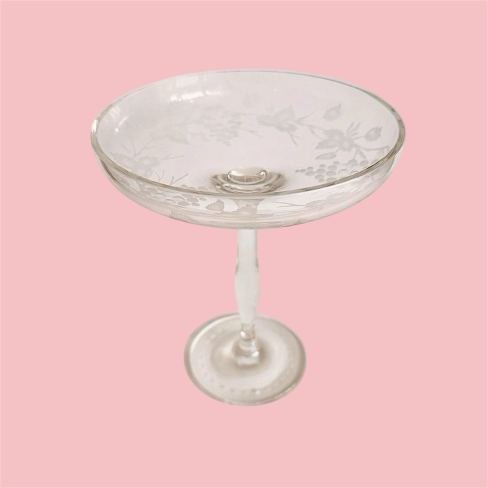 Vintage Clear Etched Glass Compote Dish with Floral Design Retro